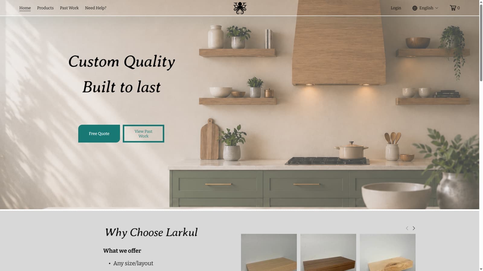 The Larkul homepage: custom quality, built to last, with a free quote button